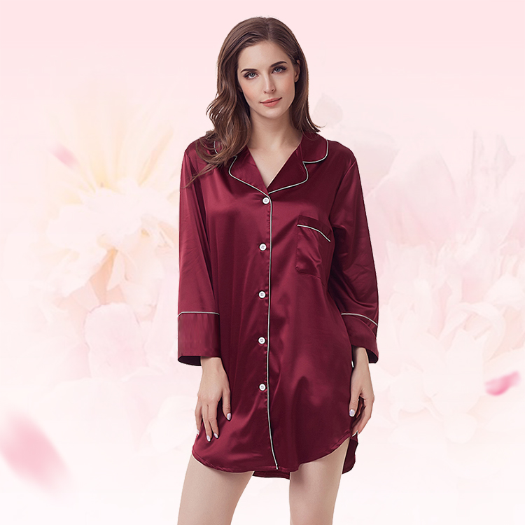 Style No: H9000C Women Plain Matte Silky Satin Long Sleeve Pajamas Shirt Dress With Contrasted Piping