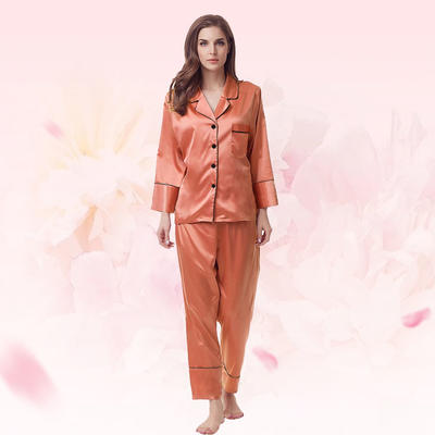 Style No: F9000A Women Plain Matte Silky Satin Pajamas Long Set With Contrasted Piping and Buttons