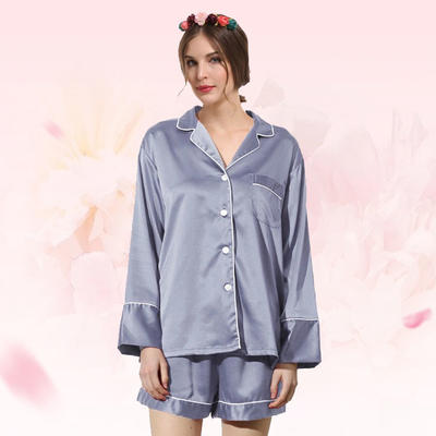 Style No: F9000B Women Solid color Matte Silky Satin Pajamas Long Sleeve With Shorts Set