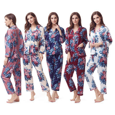 Style No: F2220 Women Floral Silky Satin Pajamas Long Set With Contrasted Piping