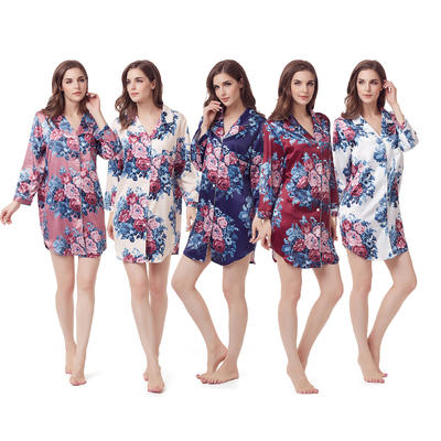 Style No: H2220 Women Floral Silky Satin Long Sleeve Pajamas Shirt With Contrasted Piping