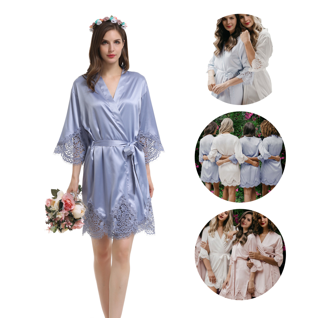 Style No: A900P Women / Girl Plain Matte Silky Satin Bridesmaid/Bridal/Wedding Robes with P Lace