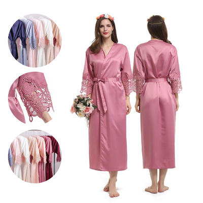 Style No: A900Q Women / Girl Plain Matte Silky Satin Full Length Bridesmaid/Bridal Robes with Lace
