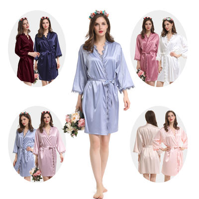 Style No: A900T Women / Girl Plain Matte Silky Satin Bridesmaid/Bridal/Wedding Robes with T Lace