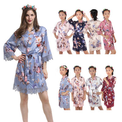Style No: A975J Women / Girl Floral Print Matte Silky Satin Bridesmaid/Bridal/Wedding Robes with Lace