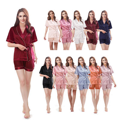 Style No: G9000C Women Plain Matte Silky Satin Pajamas Short Set With Shawl Collar Contrasted Piping and DTM Sashes