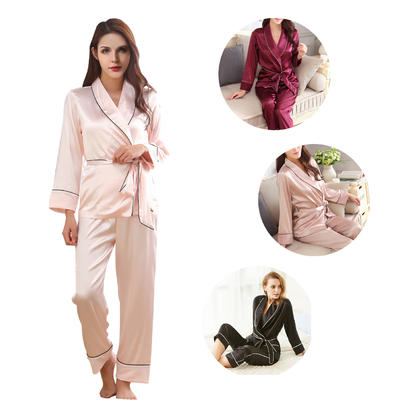 Style No: F9000D Women Plain Matte Silky Satin Pajamas Long Set With Shawl Collar Contrasted Piping and DTM Sashes