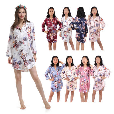 Style No: H9750A Women /Girl Floral Matte Silky Satin Long Sleeve Pajamas Shirt With Contrasted Piping