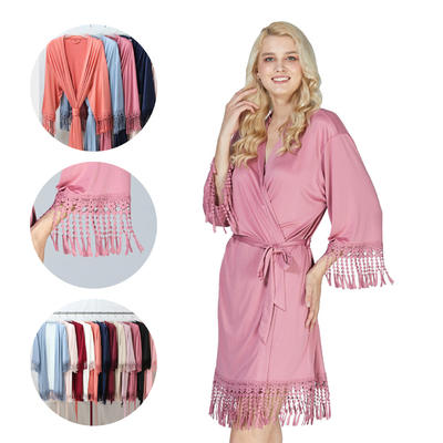 Style No: A5007C Women/Girl Plain Matte Knitted Jersey Cotton Polyester Spandex Stretched Bridesmaid Tassels Lace Robes