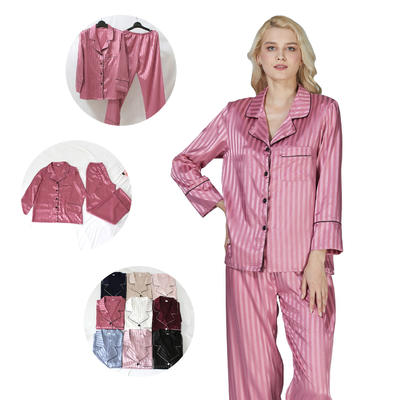 Style No: FJS9000 Women Matte Silky Jacquard Stripes Satin Long sleeves + Long Pants Pajamas Set
