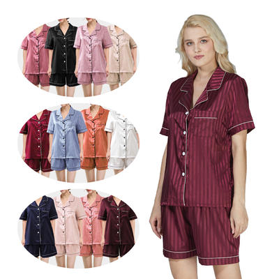 Style No: GJS9000B Women Matte Silky Jacquard Stripes Satin Short sleeve + Shorts Pajamas Set