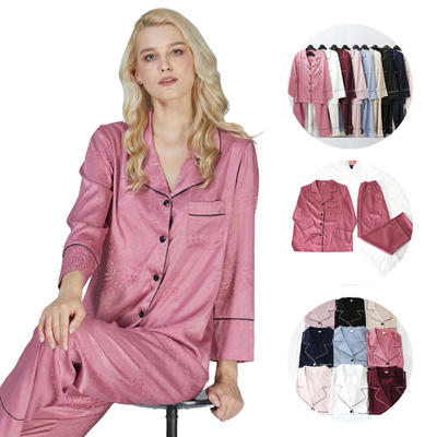 Style No: FJF9000 Women Matte Silky Jacquard Floral Satin Long sleeves +Long Pants Pajamas Set