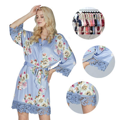 Style No: A5847A Women/Girl Digital Floral Printing Matte Knitted Jersey Cotton/Polyester/Spandex Stretched Bridesmaid Lace Robes